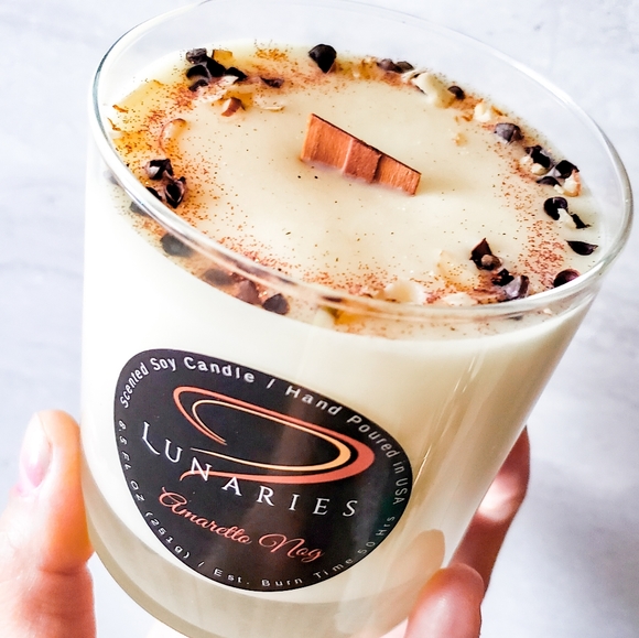 Amaretto Nog Soy Wax Candle w/ Wood Wick and Botanicals - Picture 4 of 10